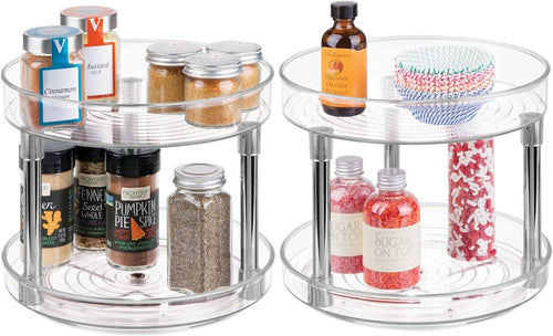 2-tier lazy susan turntable for kitchen cabinets, shelf, table, countertop, 9" multi level rotating organizer carousel, storage turntable organizer, 2 pack, clear/chrome