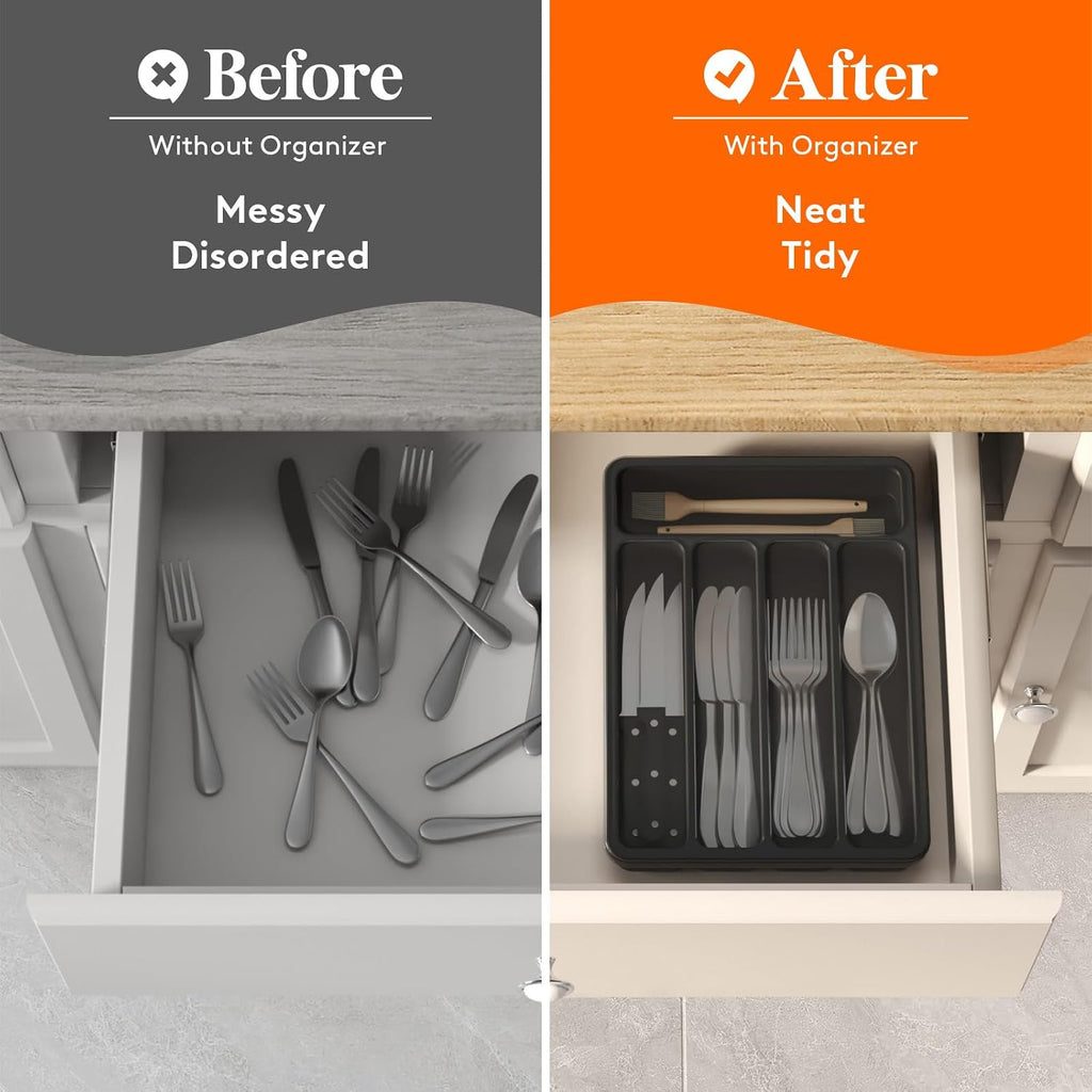Silverware organizer with lid, covered utensil tray for kitchen drawer and countertop, plastic cutlery and flatware storage box for spoons forks knives holder case, 23 x 32 cm, black - view 8