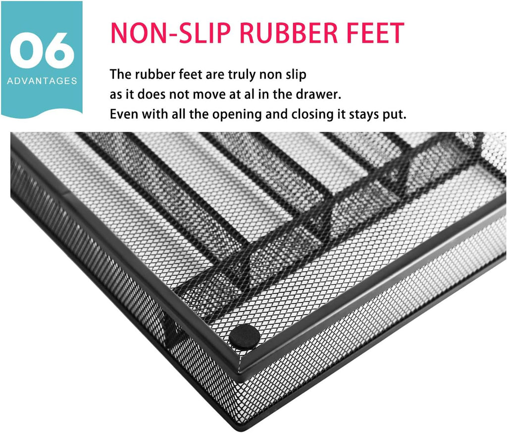 Utensil drawer organizer, cutlery tray silverware flatware storage divider for kitchen, mesh wire with non-slip foam feet, 5 component, black - view 8