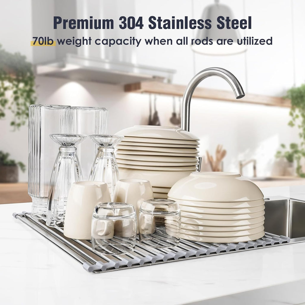 17.7" x 15.5" Roll Up Dish Drying Rack Over Sink Drying Rack Sink Cover Kitchen Sink Accessories Gadget Multipurpose Organizer Foldable Stainless Steel Drainer (Grey) | Anti-Slip Silicone Rims For Grip, Heat-Resistant Trivet Mat Holding Heavy Cookware, Ru - view 5