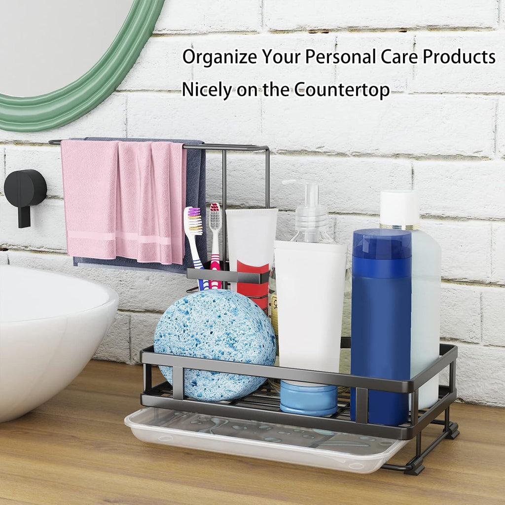 Kitchen Sink Organizer with Brush Rack - Sink Caddy with Drain-Pan | Stainless Steel Sponge Holder for Kitchen Sink with Towel Rack, Organizer for Dish Soap Dispenser, 10.5"L × 5.9"W × 10.5"H - view 6
