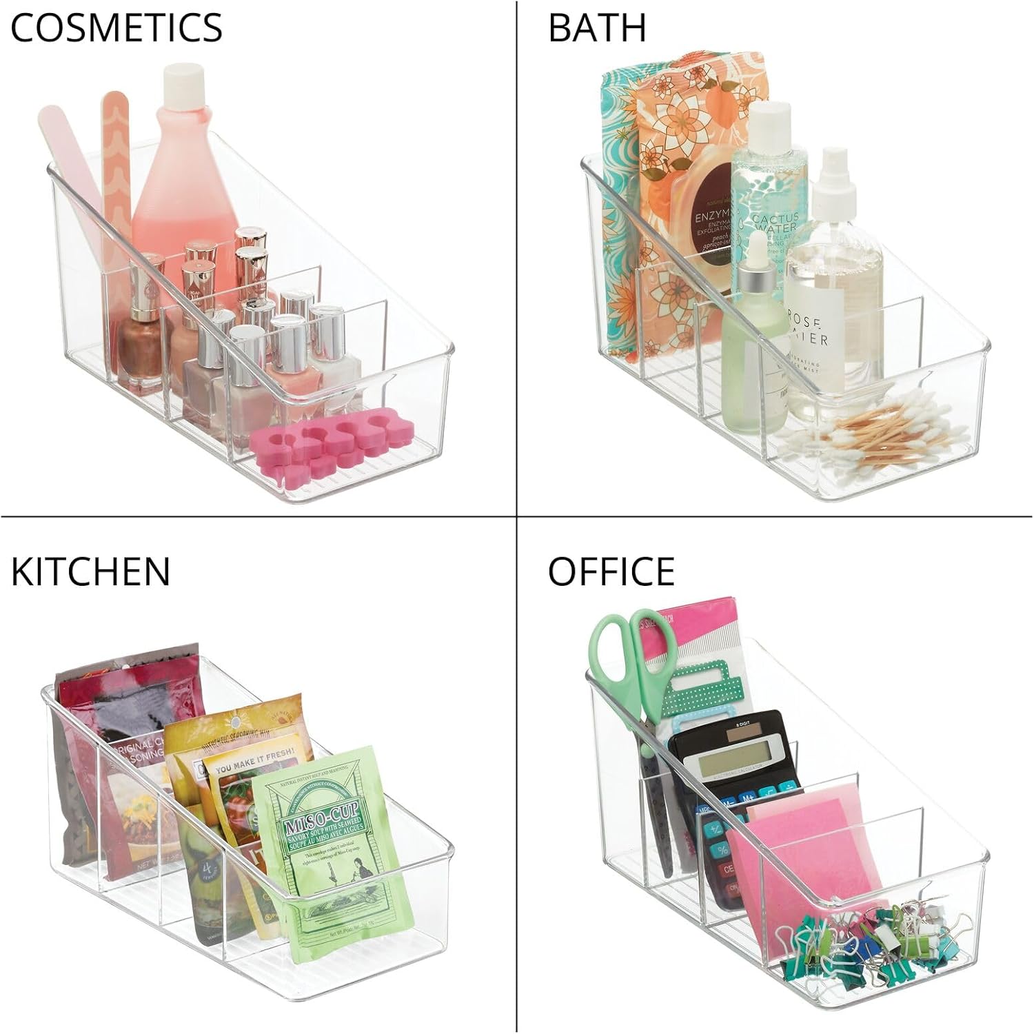 Plastic 4-Section Food Packet Organizer - Storage for Kitchen, Pantry, Cabinet, or Countertop - Organization for Spice Packets, Hot Chocolate, Seasoning Pouches, Ligne Collection, Clear - view 5