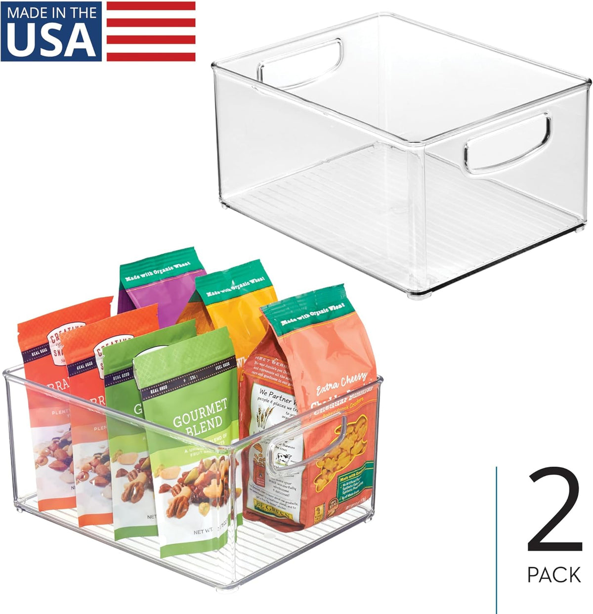 Stackable Clear Plastic Bin with Handles, 2-Pack | Kitchen Organizers and Storage, For Fridge and Pantry - view 2