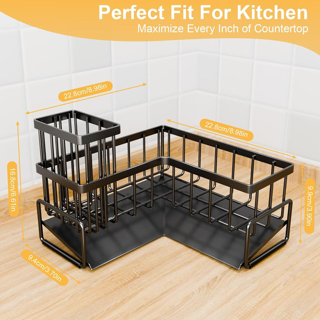 Kitchen L-Shaped Sponge Holder - Large Metal Sponge Sink Caddy | Black Metal Corner Sponge Caddy, Sloped Drain Tray for Sink, Kitchen Countertop Organizer Holds Soap Brush Sponge Non-Slip - view 2
