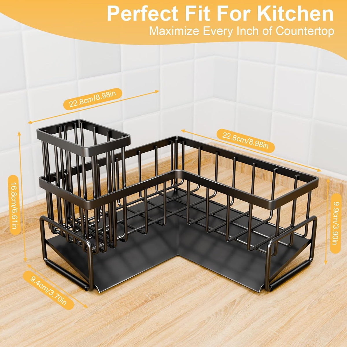Kitchen L-Shaped Sponge Holder - Large Metal Sponge Sink Caddy | Black Metal Corner Sponge Caddy, Sloped Drain Tray for Sink, Kitchen Countertop Organizer Holds Soap Brush Sponge Non-Slip - view 2