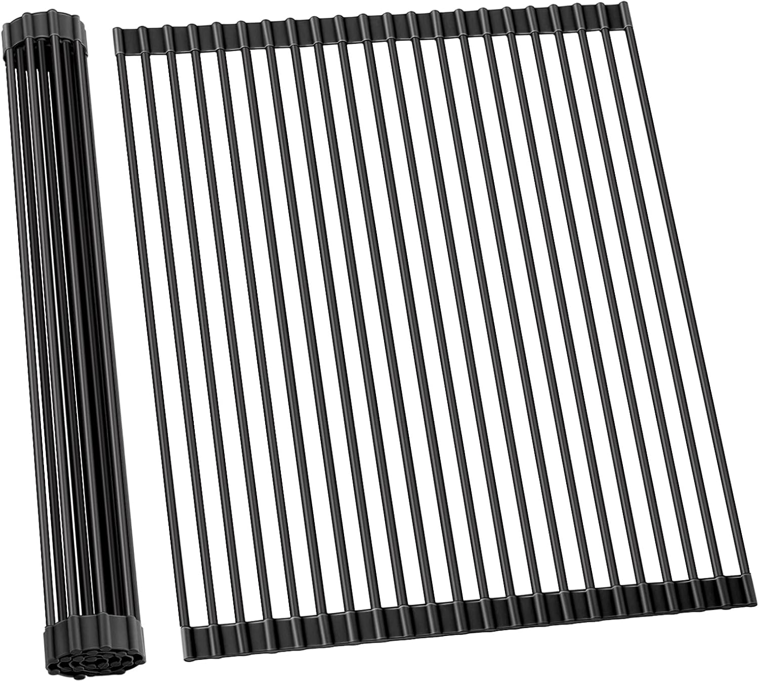 Over The Sink Dish Drainer Drying Rack, 17.6" W x 15.4" L Roll Up Dish Racks Kitchen Sink Organizer Silicone Wrapped Large in Sink Dish Drying Rack Foldable Rolling Drain Mats Anti-Slip - view 6