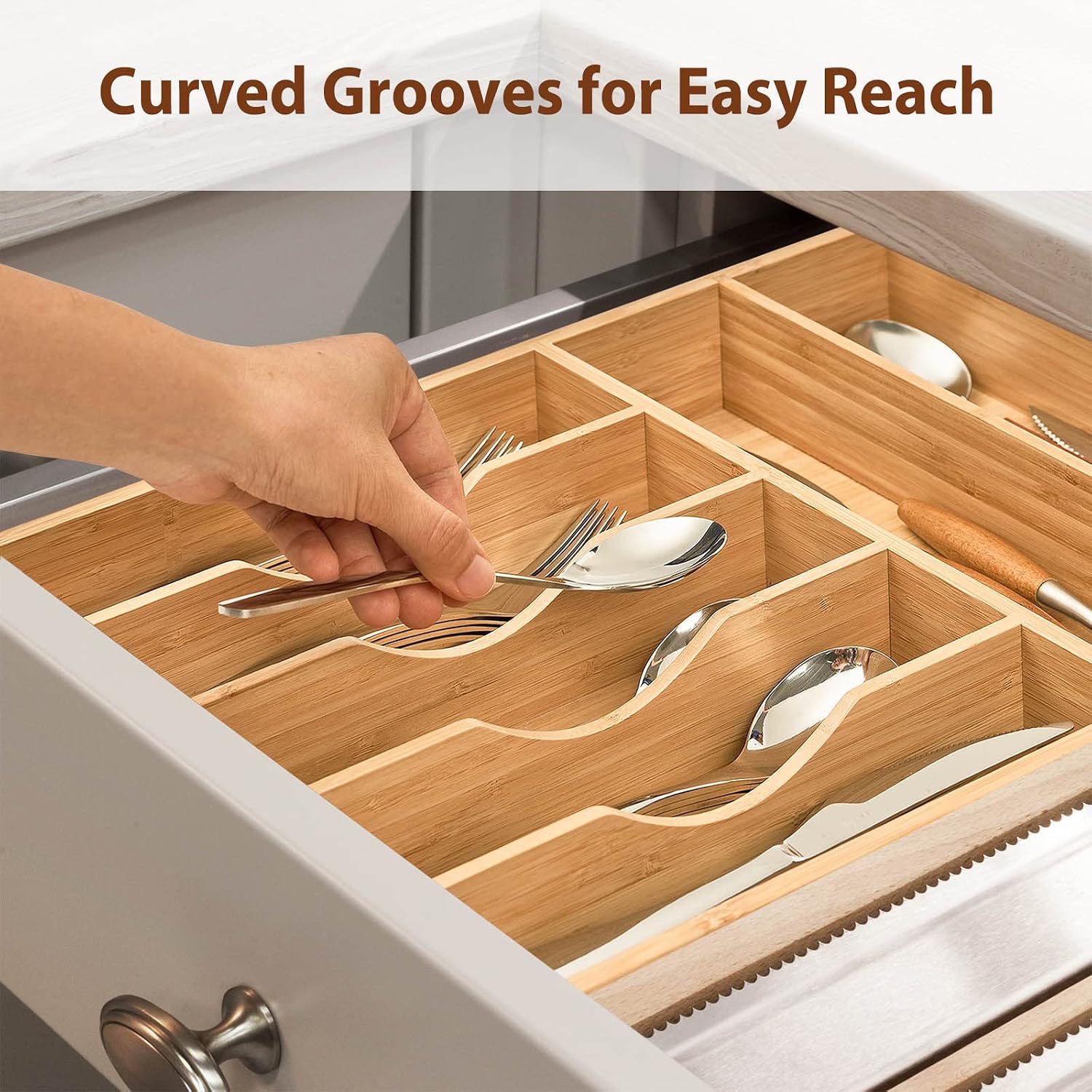 Bamboo kitchen drawer organizer, 13 inch silverware utensil tray holder, extra deep grooved drawer divider, 7 slots total bamboo wood caddy for flatware cutlery knives, forks, spoons - view 6