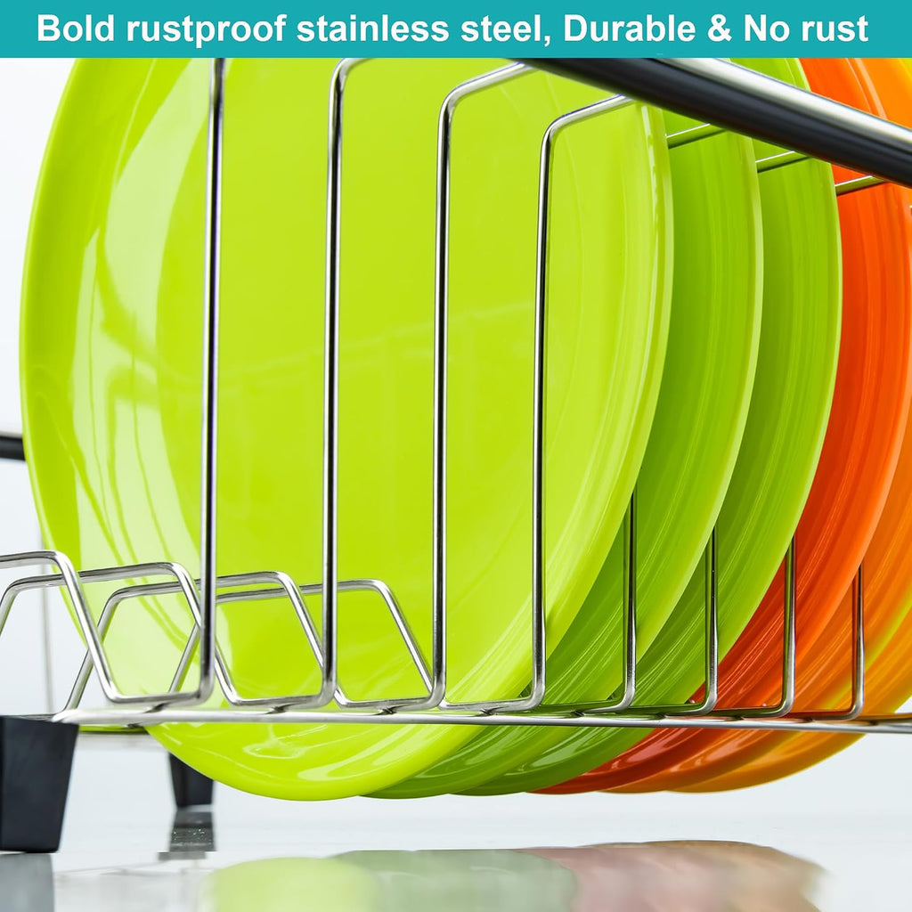 Expandable multifunctional dish drying rack, over the sink, in sink or on counter dish drainer basket shelf with black utensil silverware holder, rustproof stainless organizer - view 7