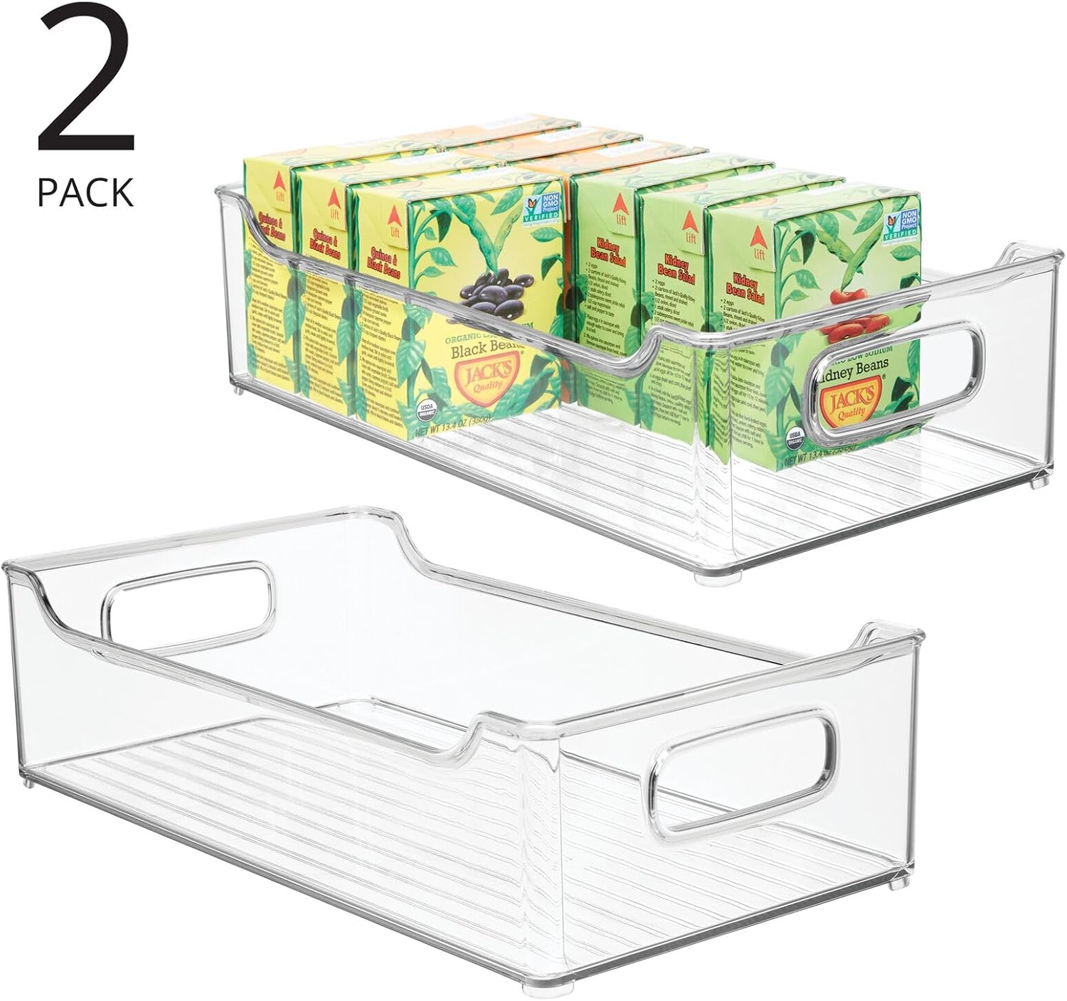 Wide Plastic Kitchen Storage Container Bins with Handles -Organization in Pantry, Cabinet, Refrigerator or Freezer Shelves - Food Organizer for Fruit, Yogurt, Squeeze Pouches - 2 Pack - Clear - view 2