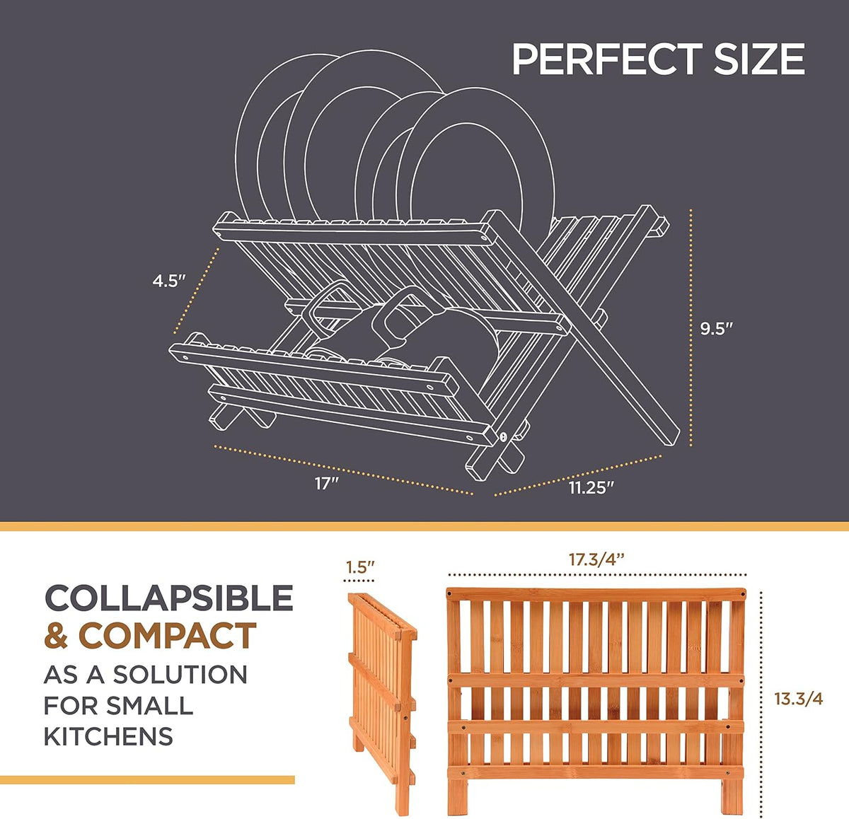 Collapsible dish drying rack 2-tier bamboo dish drainer for kitchen counter | no assembly wooden dish rack, compact dish strainer, holds plates cups bowls mugs utensils, folds flat for small kitchens, RV - view 4