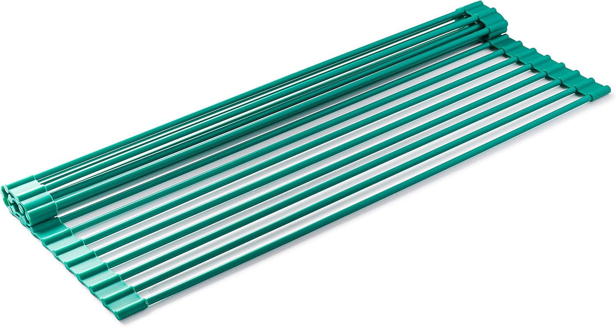 Dish Rack Over Sink, Roll Up Dish Drying Rack | Silicone & Stainless Steel Dish Drainer, Dish Drying Mat, Space Saving Drying Rack (Green, Medium)