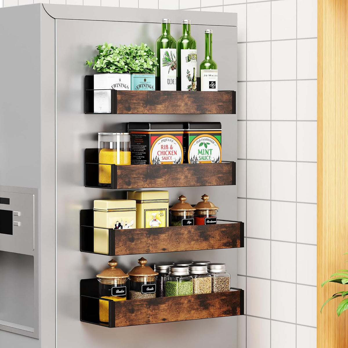 4 pack moveable fridge magnetic spice racks, metal (wood) - view 6