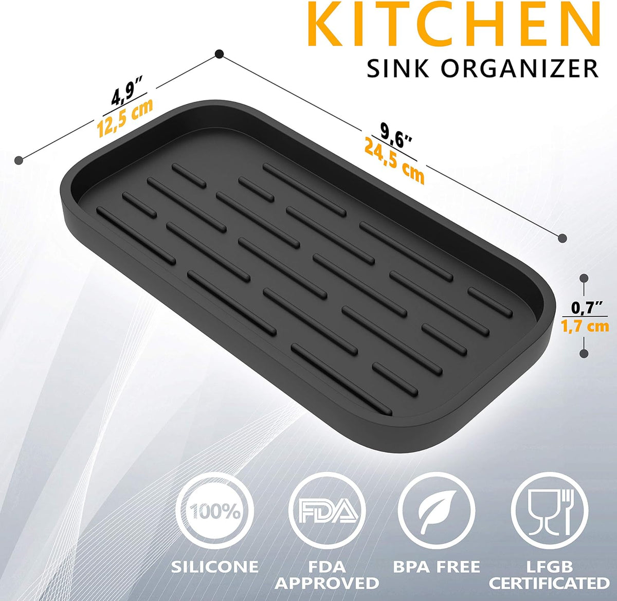 Kitchen sink organizer, silicone sponge holder - storage tray for dish sponge, soap dispenser, scrubber 9.6" x 4.9" (black) - view 3