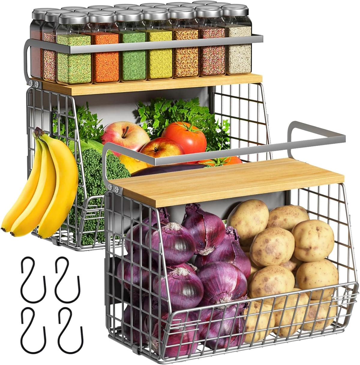 Magnetic Shelf for Fridge with Wood Lid, Fruit Potato and Onion Storage Bins, Pantry Organizers & Storage, Large Container Magnetic Spice Rack for Refrigerator, Kitchen Counter (Black, 1) - view 6