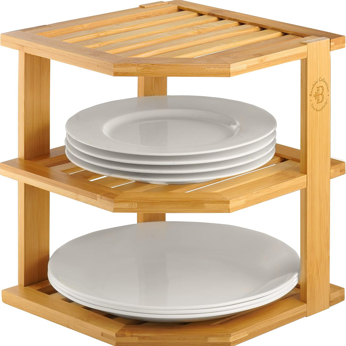 Plate organizer for cabinet, corner shelf, bamboo 3-tier kitchen organizer | kitchen cabinet organizer, corner countertop shelf, holds plates bowls mugs cups, kitchen organization, plate rack shelf
