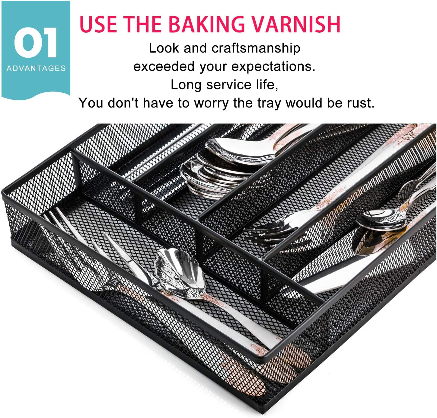 Utensil drawer organizer, cutlery tray silverware flatware storage divider for kitchen, mesh wire with non-slip foam feet, 5 component, black - view 3