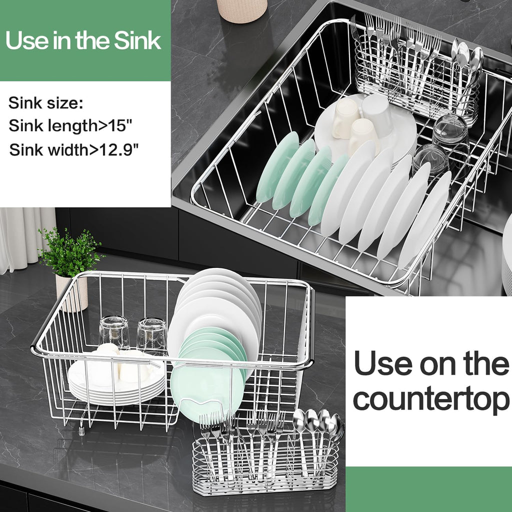 Large Dish Drainer Rack in Sink Adjustable, Expandable 304 Stainless Steel Metal Dish Drying Rack Organizer with Stainless Steel Utensil Holder Over Inside Sink Counter, Rustproof - view 5
