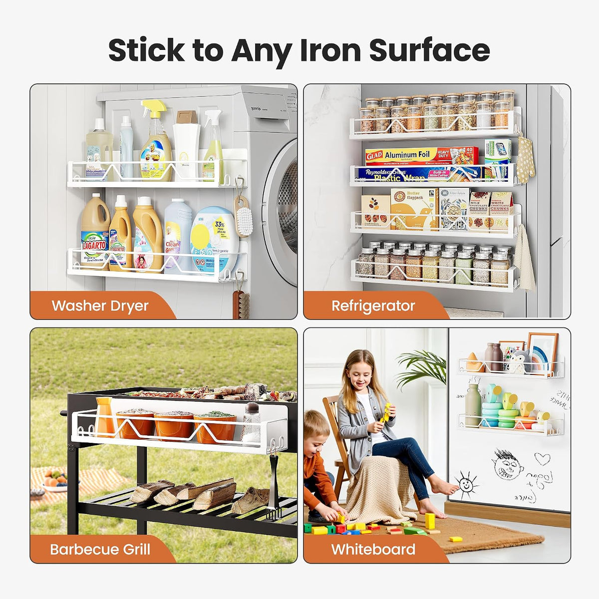 16.9 inch wide large capacity magnetic spice rack for refrigerator, 4 pack metal fridge shelf magnetic basket magnetic fridge shelf magnetic shelves for fridge (white) - view 6