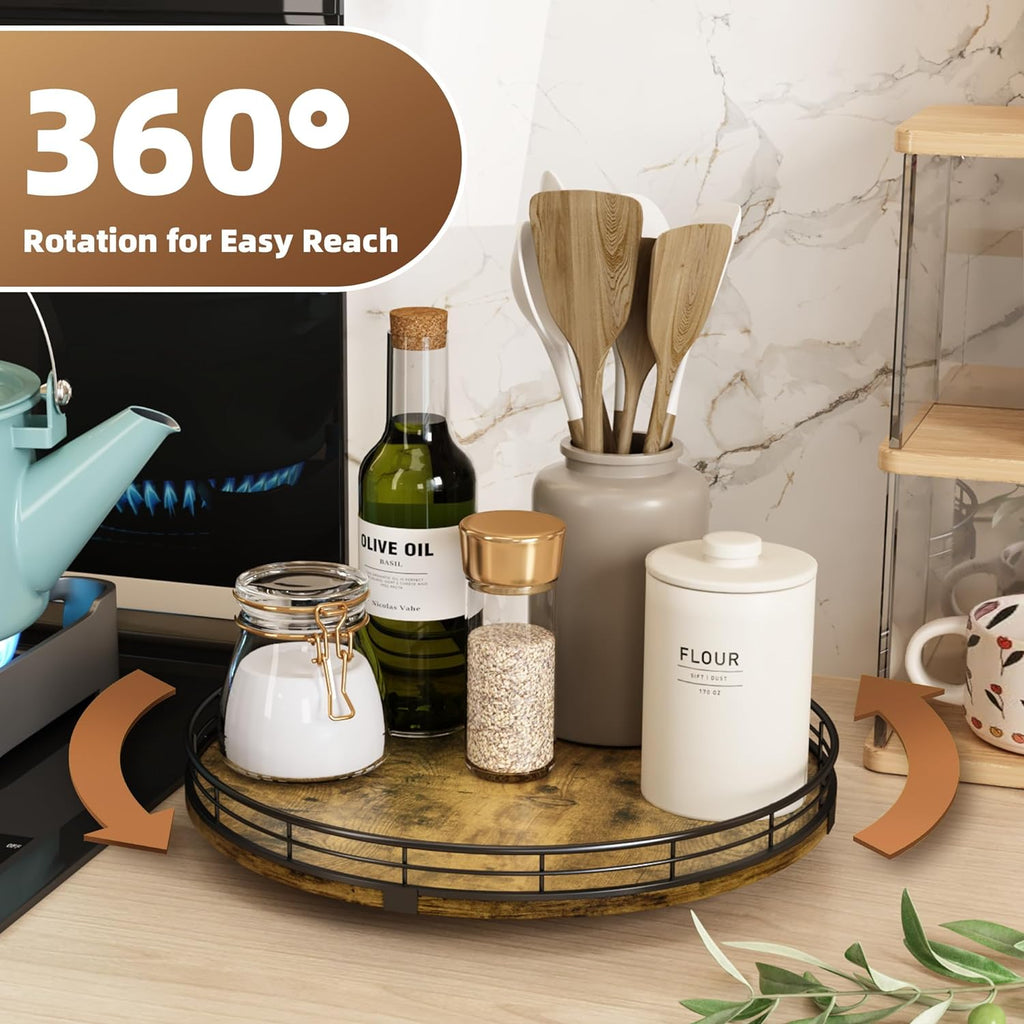 Lazy susan turntable organizer for table top, 12'' round wooden lazy susan for cabinet kitchen countertop pantry dining coffee table for condiments spices, rustic bathroom vanity tray for soap candle - view 3