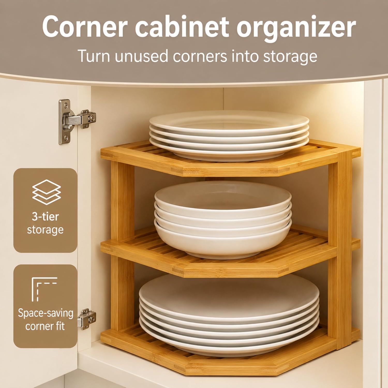 Plate organizer for cabinet, corner shelf, bamboo 3-tier kitchen organizer | kitchen cabinet organizer, corner countertop shelf, holds plates bowls mugs cups, kitchen organization, plate rack shelf - view 4