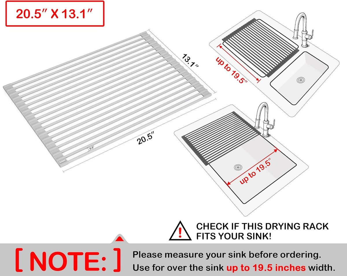 20.5 x 13.1 Inch Roll-Up Dish Drying Rack, Fits Across Sink Openings up to 19.5 Inches, Heavy-Duty Premium Silicone, Strong Support, Non-Slip, Heat-Resistant, Warm Gray - view 2