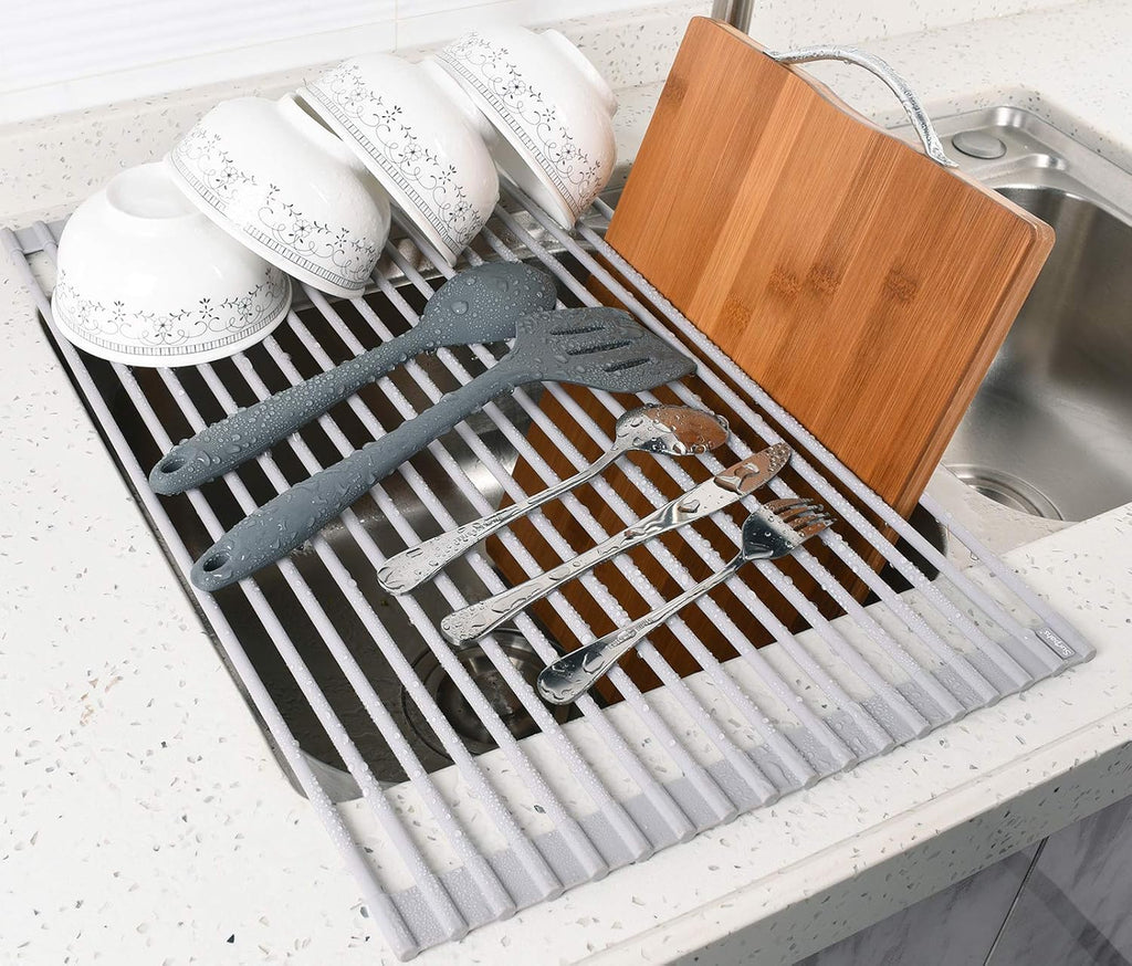 17.5 x 13.1 Inch Roll-Up Dish Drying Rack, Fits Across Sink Openings up to 16.5 Inches, Heavy-Duty Premium Silicone, Strong Support, Non-Slip, Heat-Resistant, Warm Gray - view 7