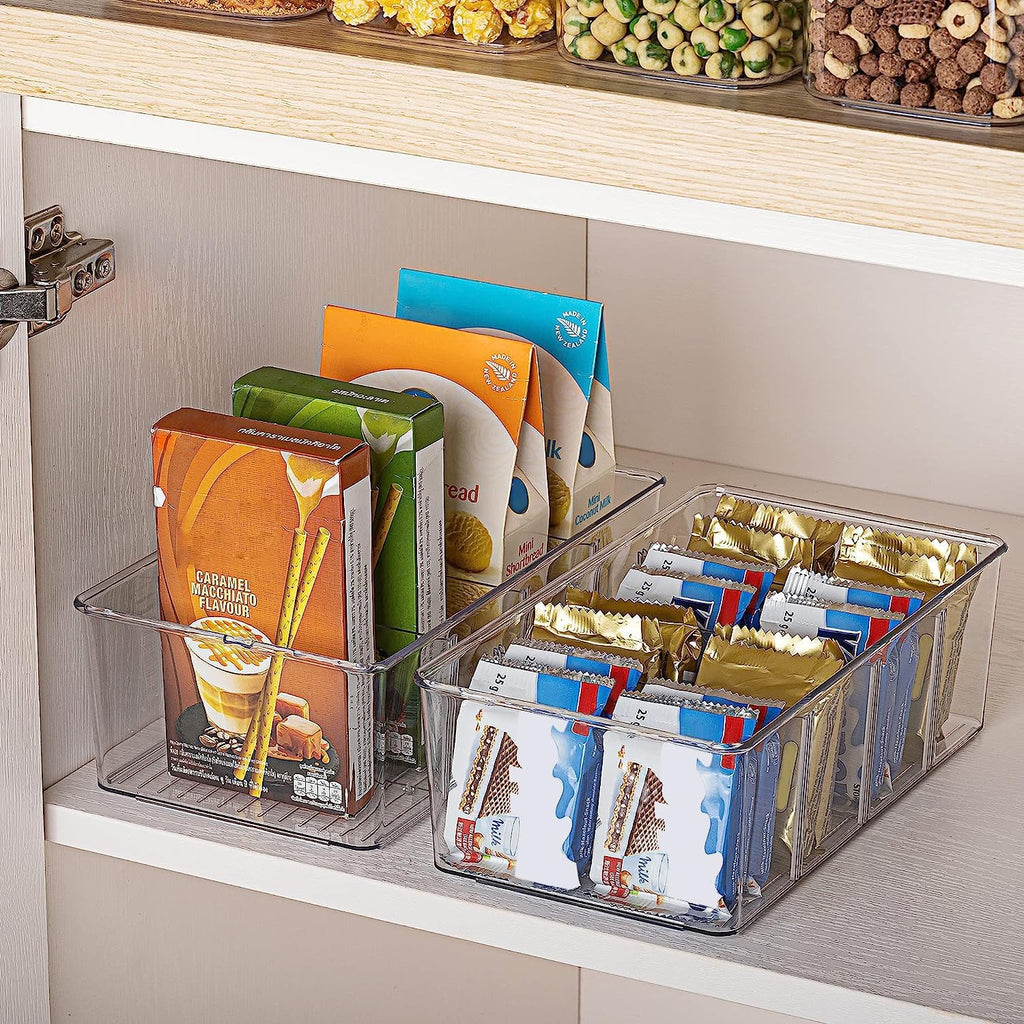 4 Pack Food Storage Organizer Bins, Clear Plastic, 4 Compartments | For Pantry, Kitchen, Fridge and Cabinet Organization, Organize Food Packets, Snacks, Pouches and Spice Packets - view 6