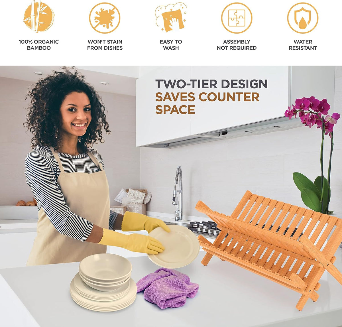 Collapsible dish drying rack 2-tier bamboo dish drainer for kitchen counter | no assembly wooden dish rack, compact dish strainer, holds plates cups bowls mugs utensils, folds flat for small kitchens, RV - view 2