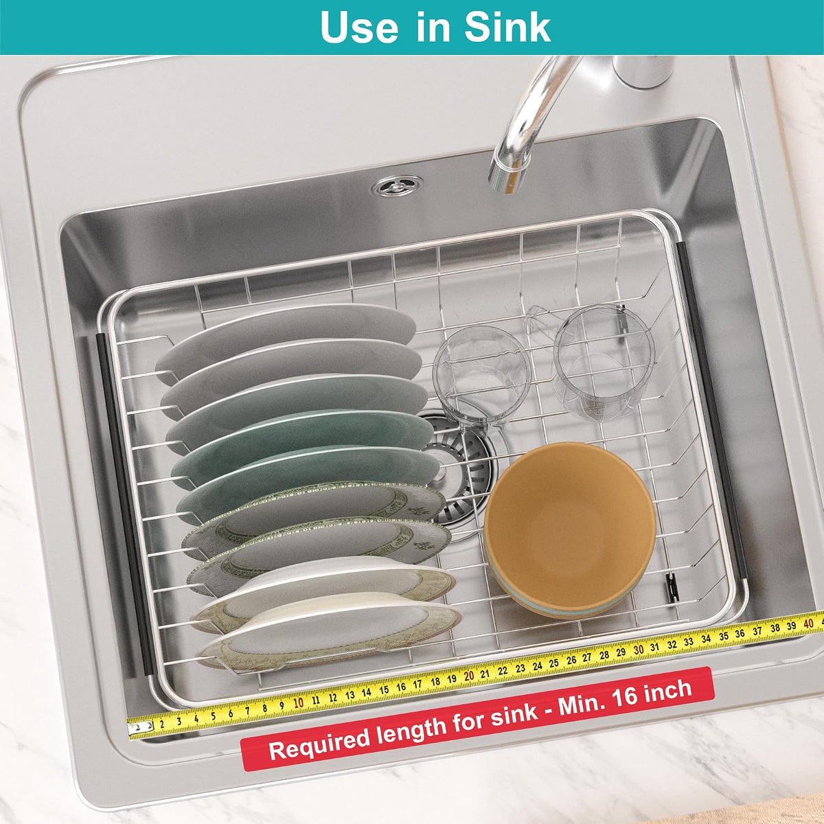 Expandable multifunctional dish drying rack, over the sink, in sink or on counter dish drainer basket shelf with black utensil silverware holder, rustproof stainless organizer - view 5