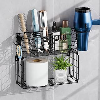 Metal Hair Tool Organizer with Toilet Paper Storage Basket Wall Mount