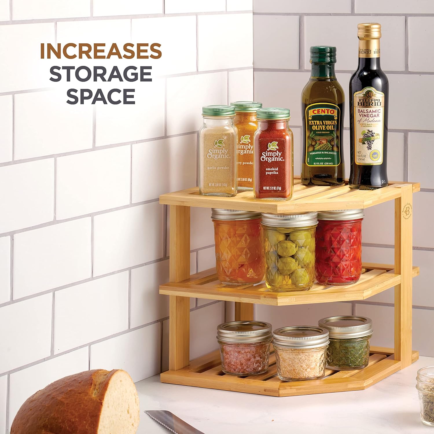 Plate organizer for cabinet, corner shelf, bamboo 3-tier kitchen organizer | kitchen cabinet organizer, corner countertop shelf, holds plates bowls mugs cups, kitchen organization, plate rack shelf - view 5