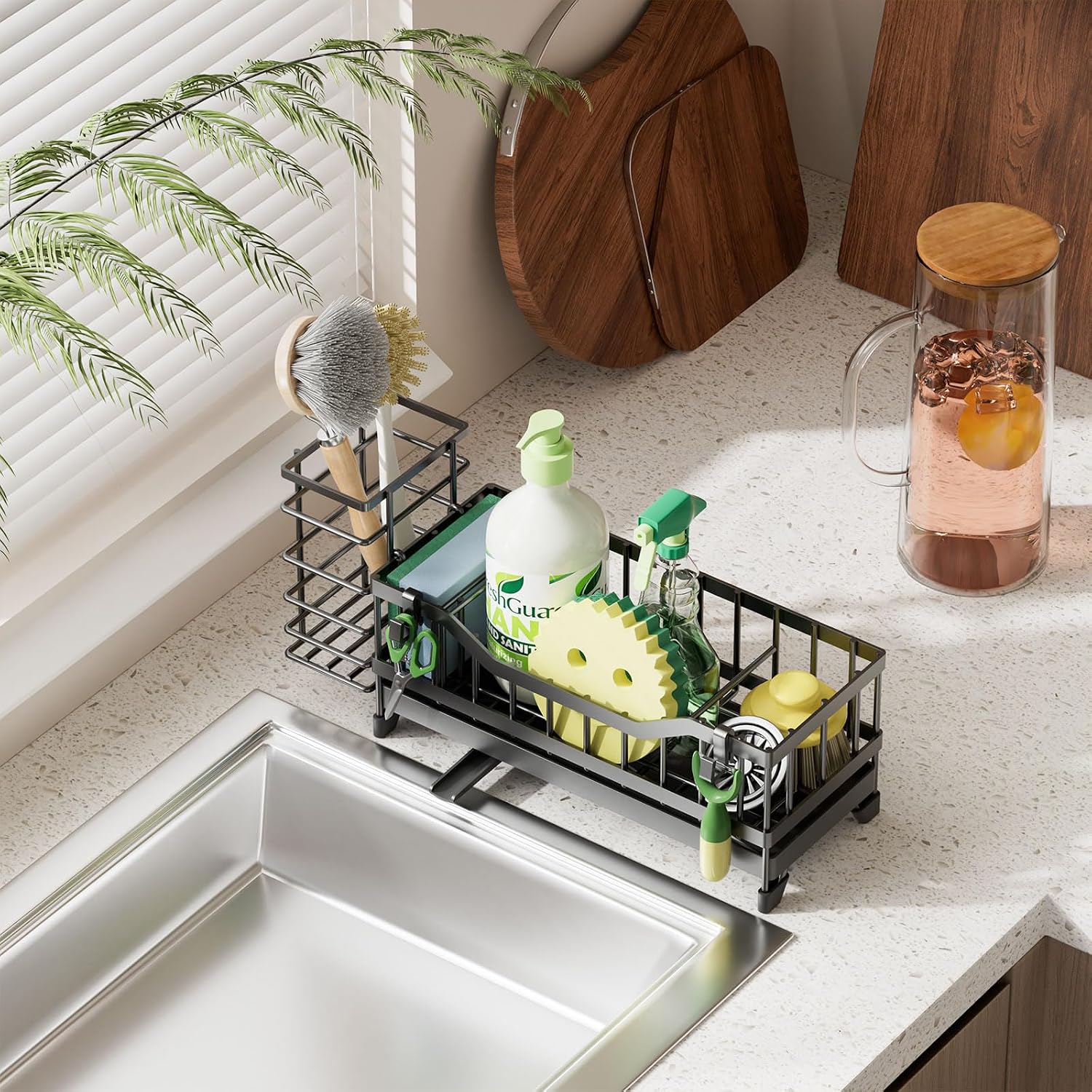 Sponge Holder for Kitchen Sink, Kitchen Sink Caddy with Long-Handled Dish Brushes Holder, 304 Rustproof Stainless Steel Countertop Organizers and Storage, Home Kitchen Sink Accessories (Black) - view 8