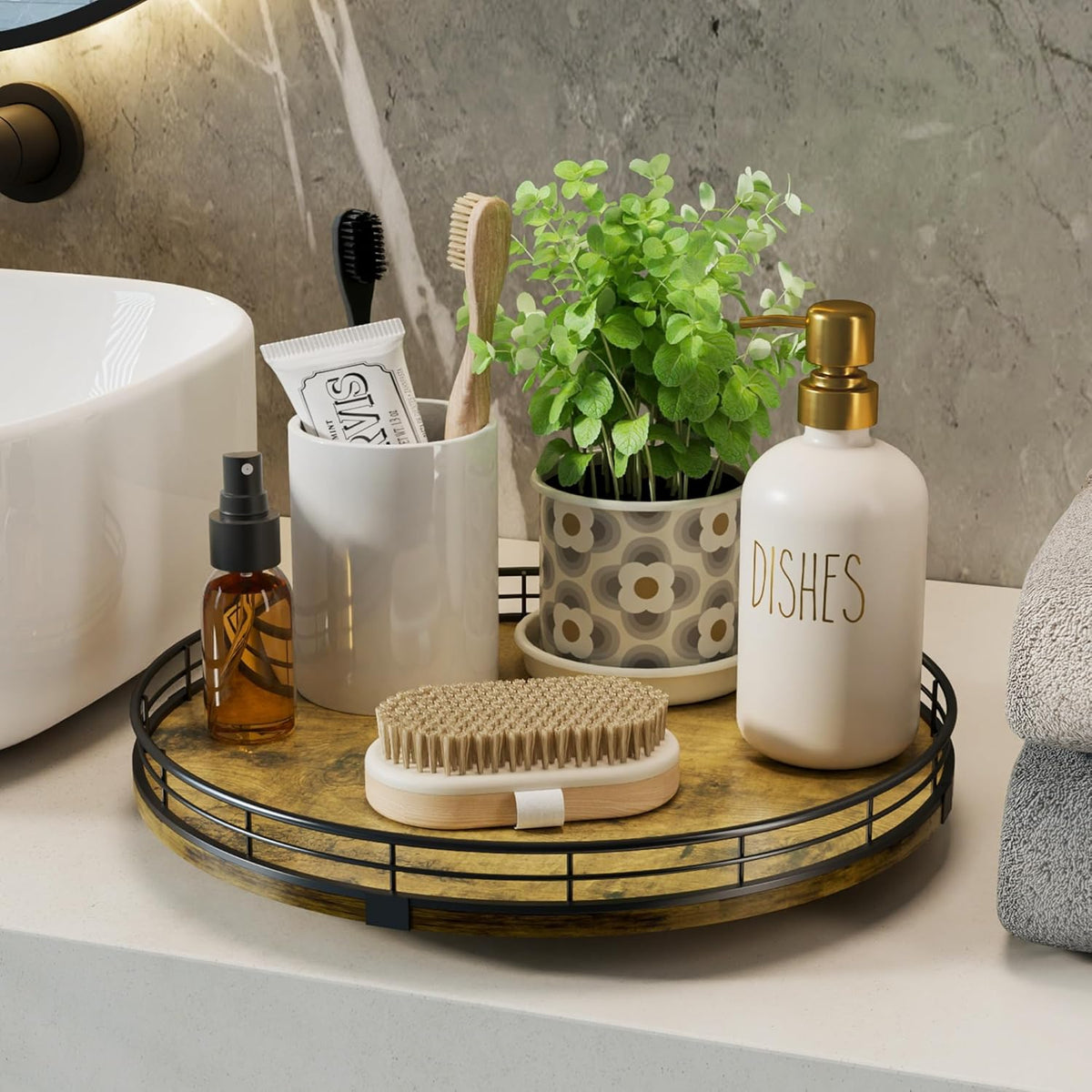 Lazy susan turntable organizer for table top, 12'' round wooden lazy susan for cabinet kitchen countertop pantry dining coffee table for condiments spices, rustic bathroom vanity tray for soap candle - view 5