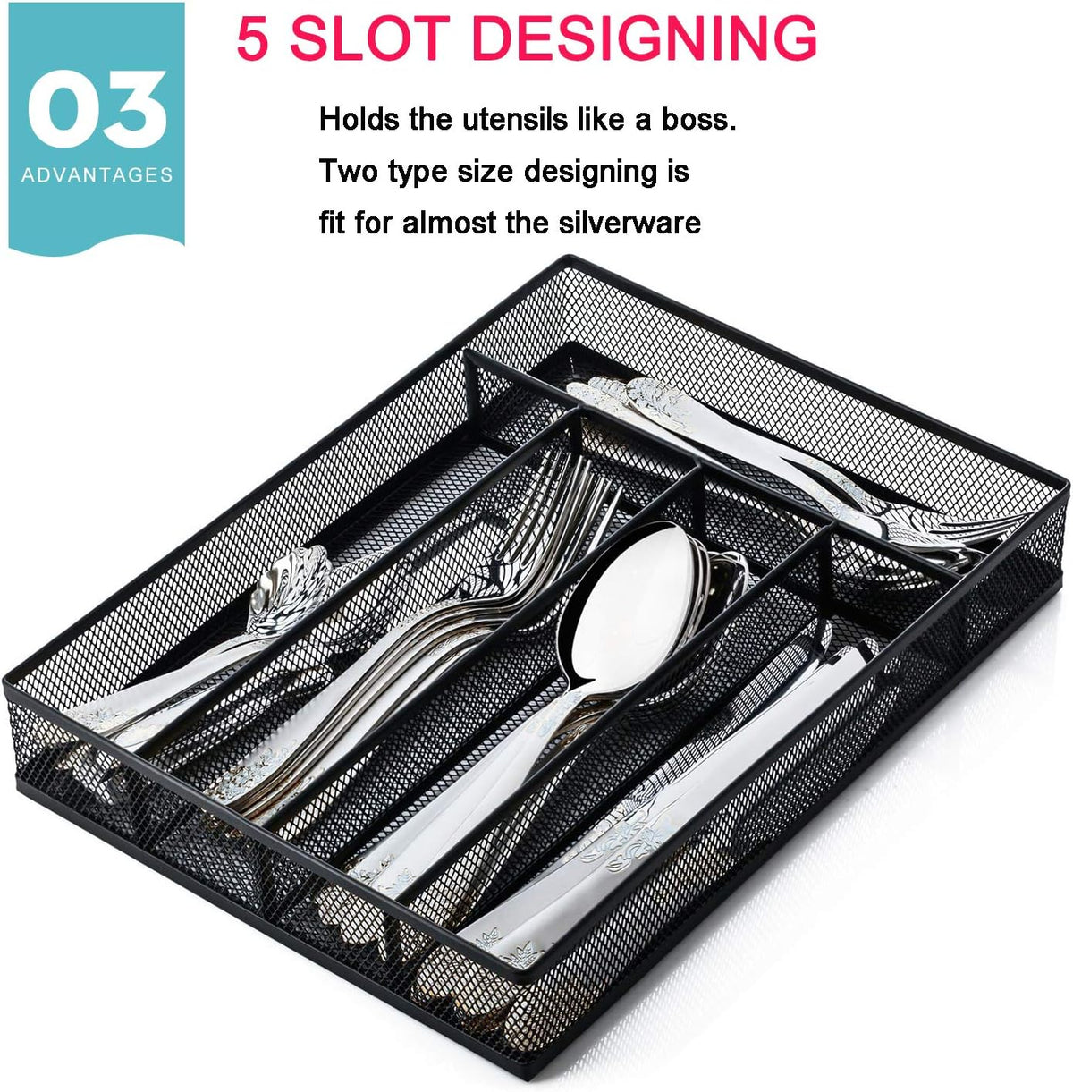 Utensil drawer organizer, cutlery tray silverware flatware storage divider for kitchen, mesh wire with non-slip foam feet, 5 component, black - view 5