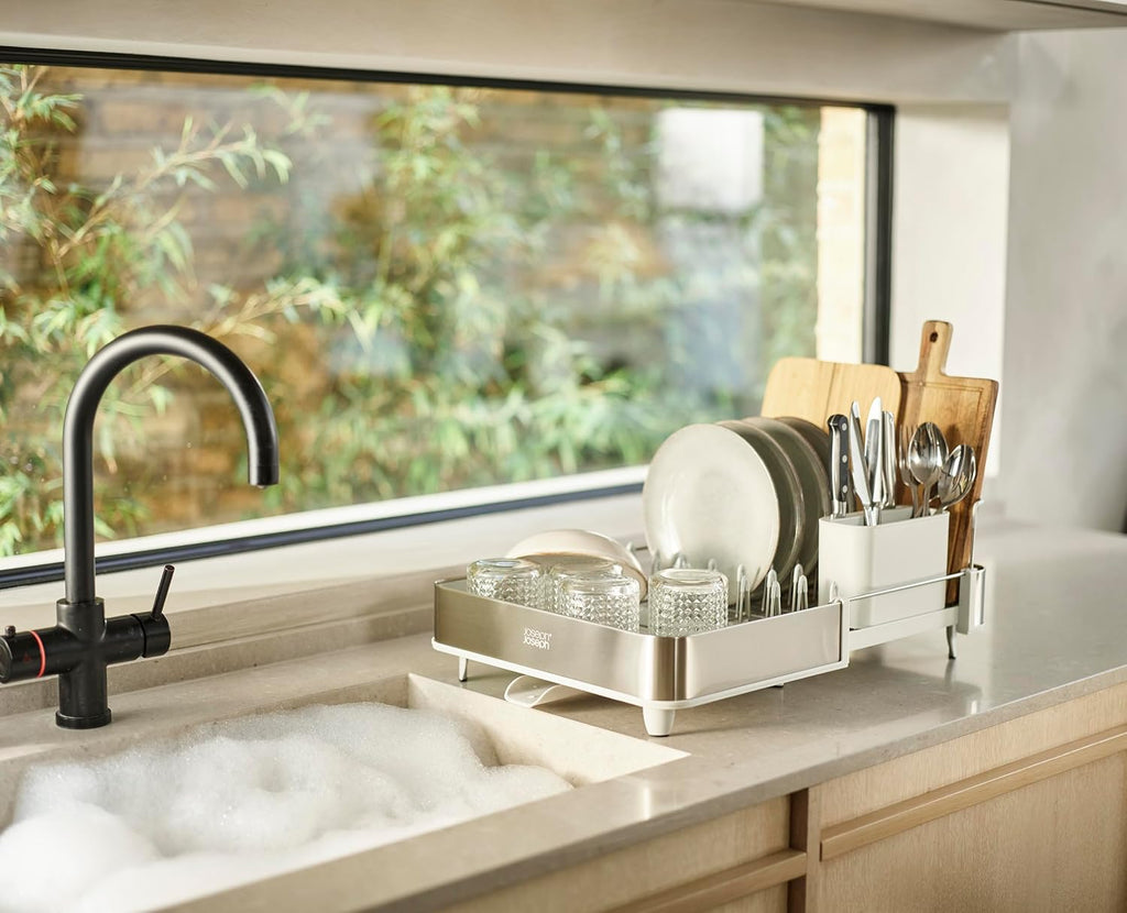Extend Steel Expandable Dish Drying Rack with Removable Cutlery Holder Swivel Draining Spout, Stainless Steel - view 6