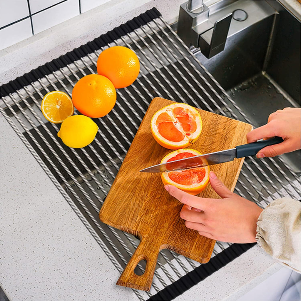 SunCleanse Roll Up Dish Drying Rack, Over The Sink Dish Drying Rack Kitchen Rolling Dish Drainer, Foldable Sink Rack Mat for Kitchen Sink Counter (17.8"x11.8") | Kitchen counter mat, rolling design, stainless steel, multipurpose, space-saving and stable