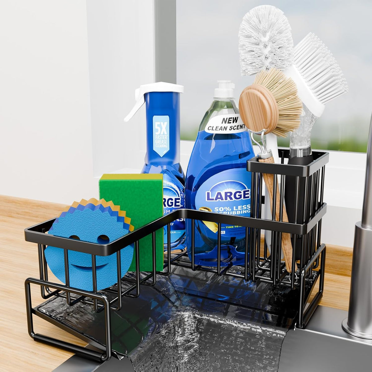 Large Sponge Holder for Kitchen Sink, 90-Degree Sink Caddy Storage | Self Draining Sponge Rack for Countertop, Metal L-Shaped Dish Soap Organizer with Brush Holder, Corner Sink Storage Ideas