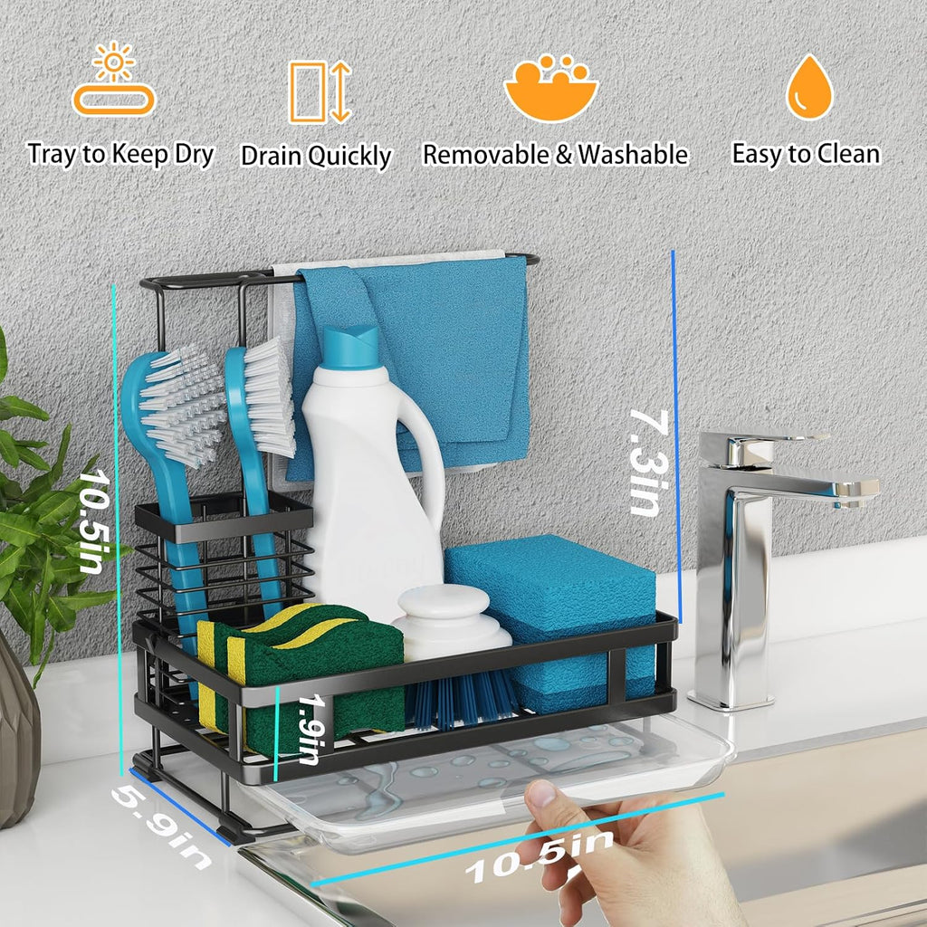 Kitchen Sink Organizer with Brush Rack - Sink Caddy with Drain-Pan | Stainless Steel Sponge Holder for Kitchen Sink with Towel Rack, Organizer for Dish Soap Dispenser, 10.5"L × 5.9"W × 10.5"H - view 2