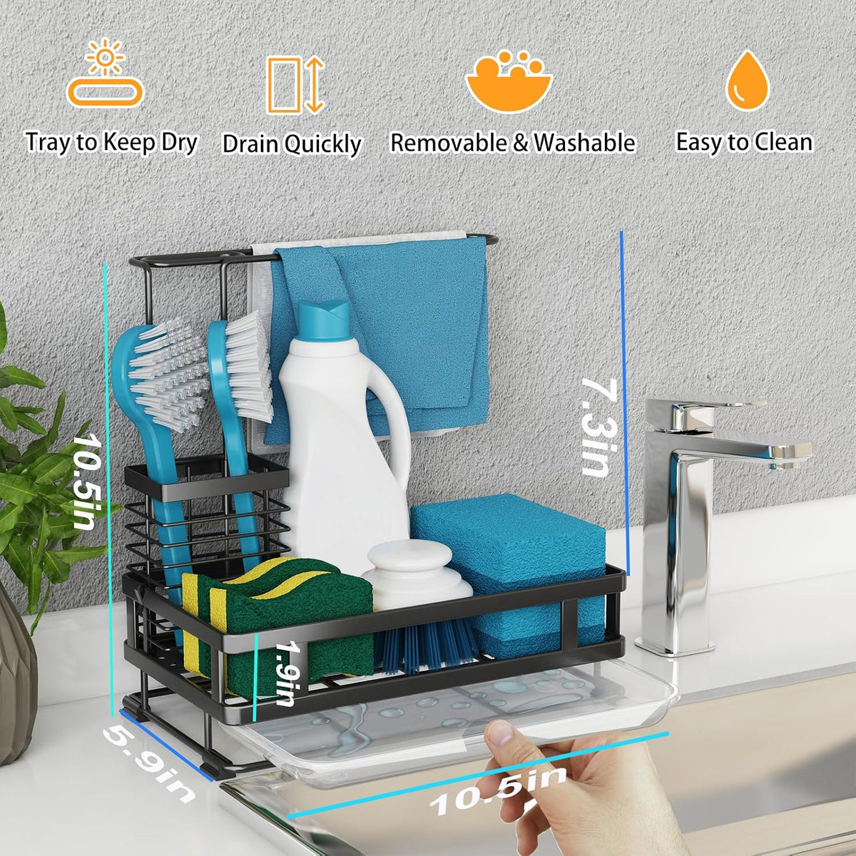 Kitchen Sink Organizer with Brush Rack - Sink Caddy with Drain-Pan | Stainless Steel Sponge Holder for Kitchen Sink with Towel Rack, Organizer for Dish Soap Dispenser, 10.5"L × 5.9"W × 10.5"H - view 2