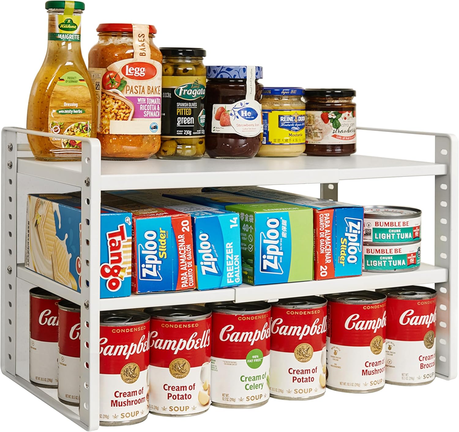 Expandable Cabinet Shelf Organizer, 2-Tier Countertop Storage Riser | Heavy-Duty Metal, Holds 80 lb, Adjusts Wide, 13 Height Slots, Tilt Option, for Kitchen, Pantry & Cupboard, Under Sink, White