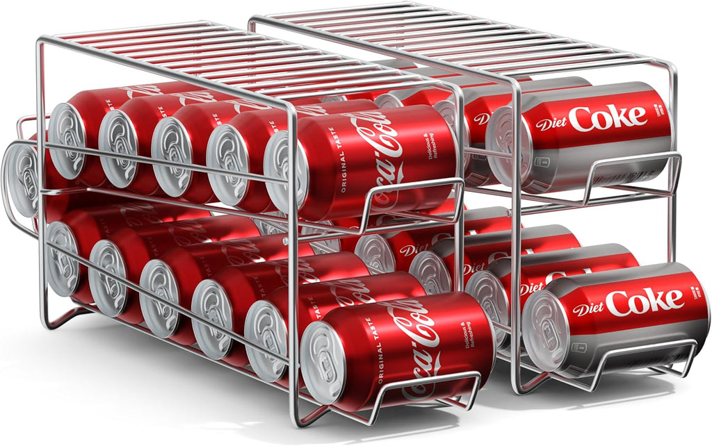 Soda Can Rack Beverage Dispenser 12 Can Dispenser Organizer for Refrigerator (2 Pack, Silver)