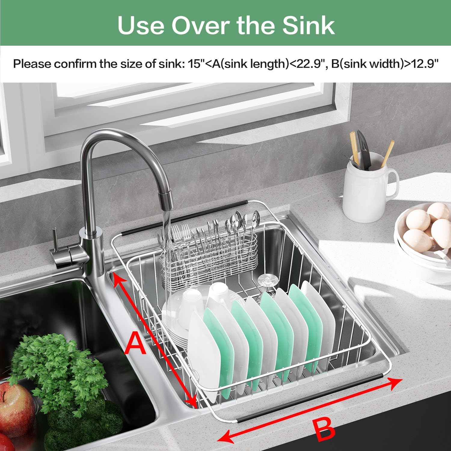 Large Dish Drainer Rack in Sink Adjustable, Expandable 304 Stainless Steel Metal Dish Drying Rack Organizer with Stainless Steel Utensil Holder Over Inside Sink Counter, Rustproof - view 4