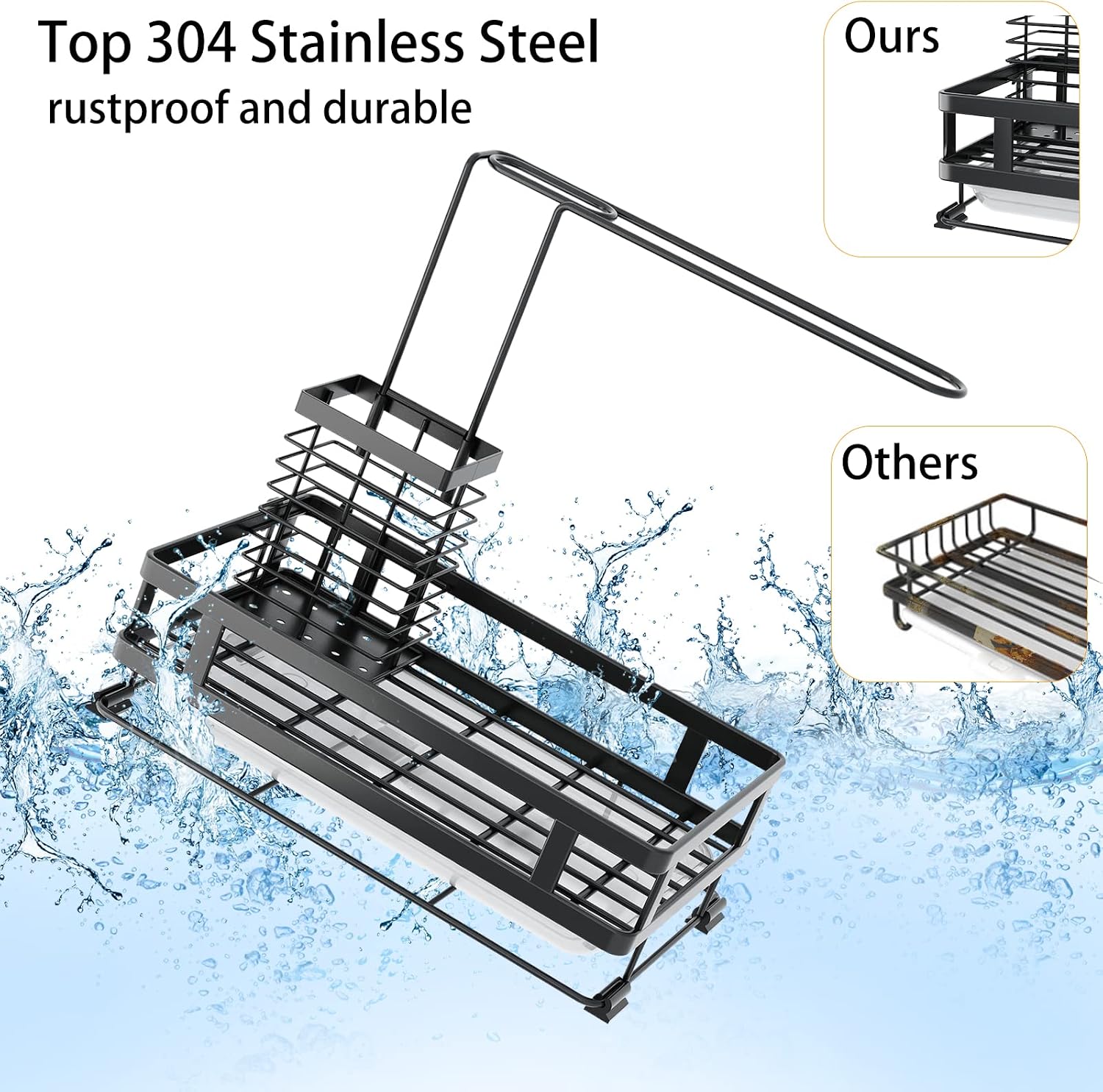Kitchen Sink Organizer with Brush Rack - Sink Caddy with Drain-Pan | Stainless Steel Sponge Holder for Kitchen Sink with Towel Rack, Organizer for Dish Soap Dispenser, 10.5"L × 5.9"W × 10.5"H - view 5