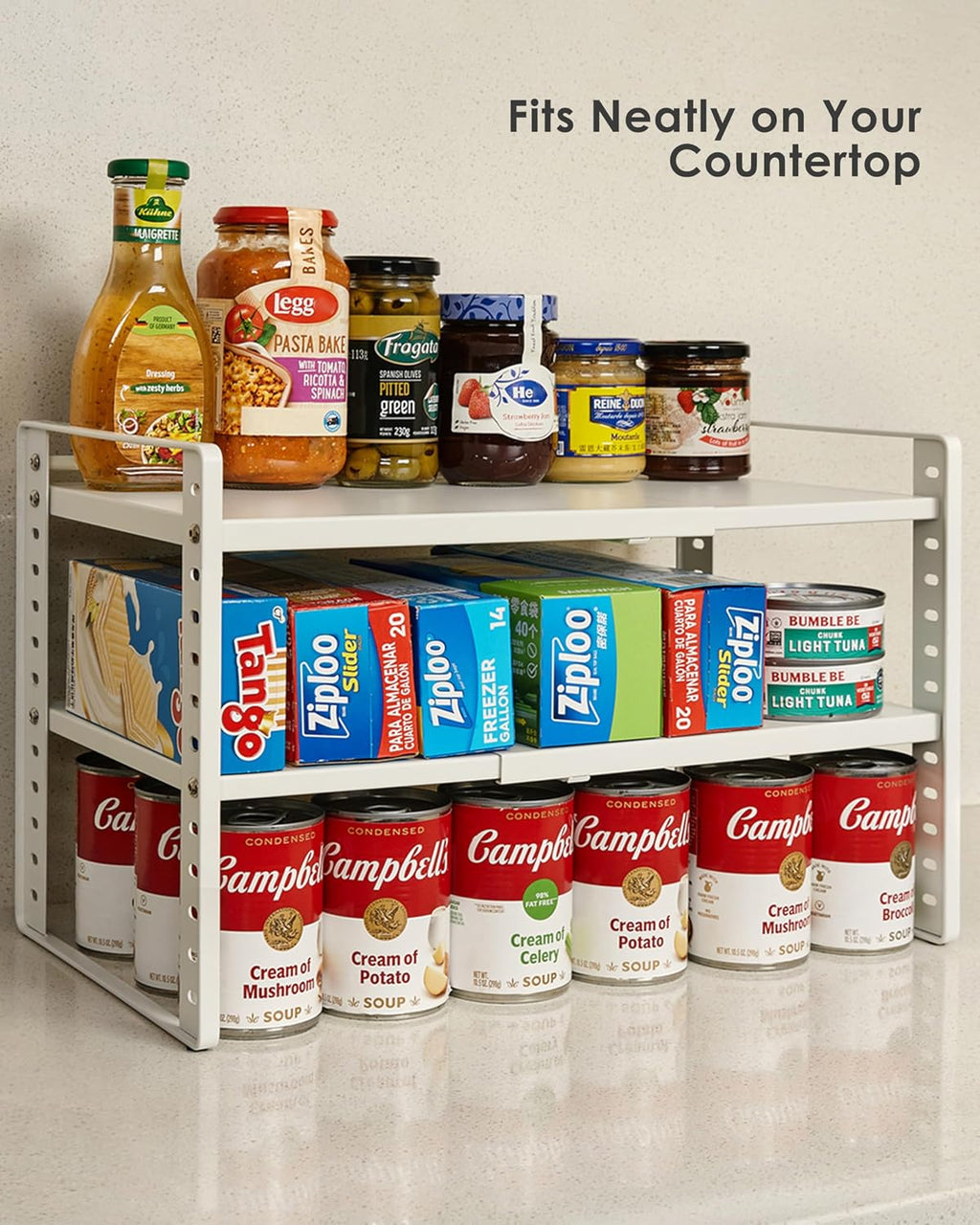 Expandable Cabinet Shelf Organizer, 2-Tier Countertop Storage Riser | Heavy-Duty Metal, Holds 80 lb, Adjusts Wide, 13 Height Slots, Tilt Option, for Kitchen, Pantry & Cupboard, Under Sink, White - view 7