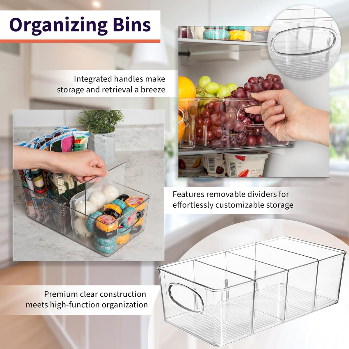 Plastic Pantry Organization and Storage Bins with Removable Dividers – Perfect Kitchen Organization or Kitchen Storage – Refrigerator Organizer Bins, Cabinet Organizers (2 Pack) - view 3