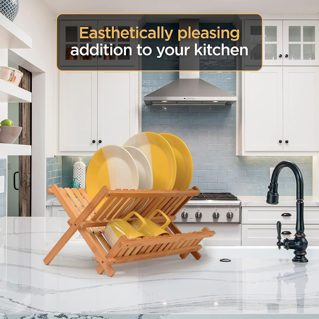 Collapsible dish drying rack 2-tier bamboo dish drainer for kitchen counter | no assembly wooden dish rack, compact dish strainer, holds plates cups bowls mugs utensils, folds flat for small kitchens, RV - view 7