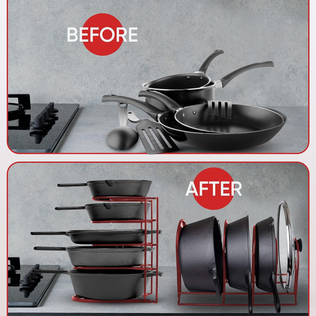 Heavy-duty pots and pans organizer | 5-tier cookware & lid storage rack | free-standing or wall-mount | kitchen organizer for cast iron skillets, pots, frying pans, lids | red - view 5