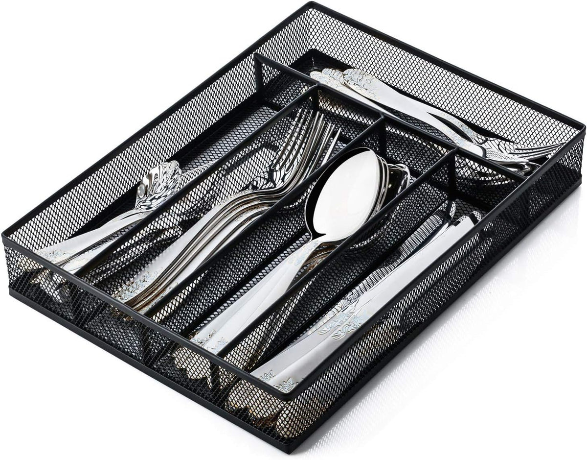 Utensil drawer organizer, cutlery tray silverware flatware storage divider for kitchen, mesh wire with non-slip foam feet, 5 component, black