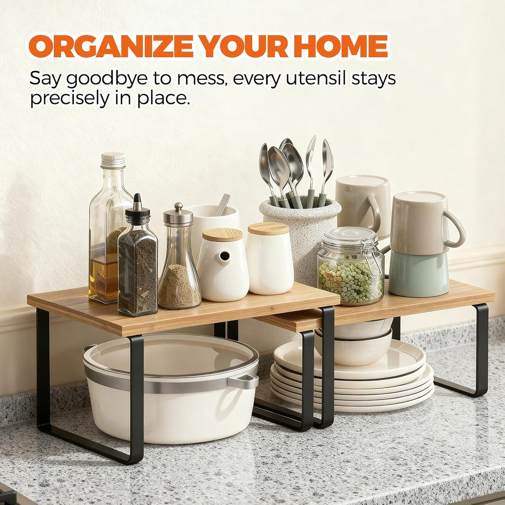 Cabinet Organizer Shelf, Kitchen Counter Shelf, Pantry Storage Riser | 4 Pack Ink Black & Natural Beige Shelves with Metal Legs, Stackable Countertop Risers for Kitchen, Pantry & Cabinet Storage - view 7