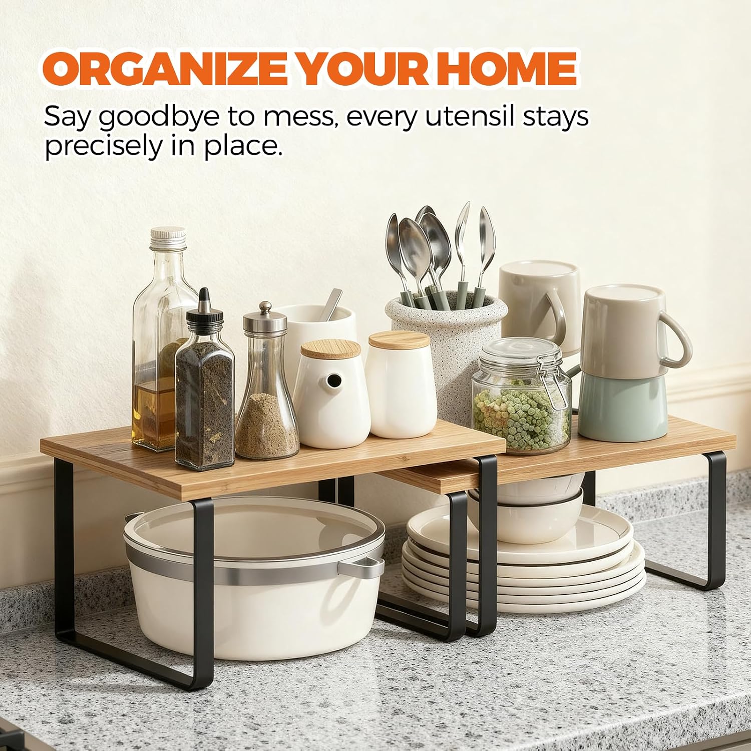 Cabinet Organizer Shelf, Kitchen Counter Shelf, Pantry Storage Riser | 4 Pack Ink Black & Natural Beige Shelves with Metal Legs, Stackable Countertop Risers for Kitchen, Pantry & Cabinet Storage - view 7